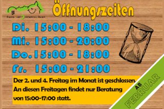 neue Öffnungszeiten ab Februar: Dienstags und donnerstags von 15-18:00 Uhr und mittwochs von 15-20:00 Uhr geöffnet. Freitag ist von 15-21:00 geöffnet. Der 2. und 4. Freitag im Monat ist geschlossen. An diesen Freitagen findet nur Beratung von 15-17:00 Uhr statt.