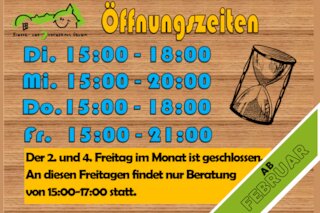 neue Öffnungszeiten ab Februar: Dienstags und donnerstags von 15-18:00 Uhr und mittwochs von 15-20:00 Uhr geöffnet. Freitag ist von 15-21:00 geöffnet. Der 2. und 4. Freitag im Monat ist geschlossen. An diesen Freitagen findet nur Beratung von 15-17:00 Uhr statt.