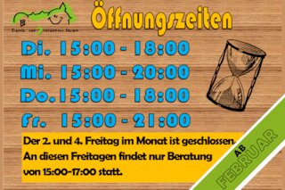 neue Öffnungszeiten ab Februar: Dienstags und donnerstags von 15-18:00 Uhr und mittwochs von 15-20:00 Uhr geöffnet. Freitag ist von 15-21:00 geöffnet. Der 2. und 4. Freitag im Monat ist geschlossen. An diesen Freitagen findet nur Beratung von 15-17:00 Uhr statt.