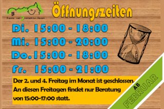 neue Öffnungszeiten ab Februar: Dienstags und donnerstags von 15-18:00 Uhr und mittwochs von 15-20:00 Uhr geöffnet. Freitag ist von 15-21:00 geöffnet. Der 2. und 4. Freitag im Monat ist geschlossen. An diesen Freitagen findet nur Beratung von 15-17:00 Uhr statt.